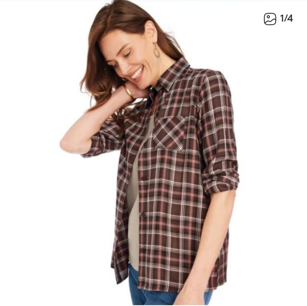 Dark Brown Plaid Long Sleeve Button-Up Shirt Women's Top NWT Size Medium